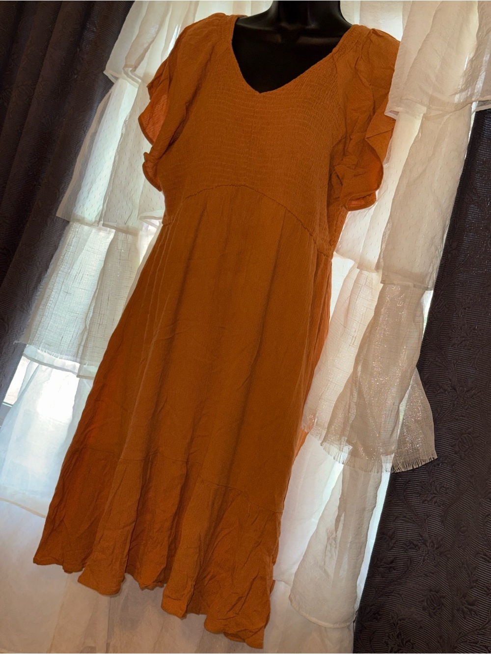 Western V-Neck Ruffle Sleeve Midi Dress Sz L